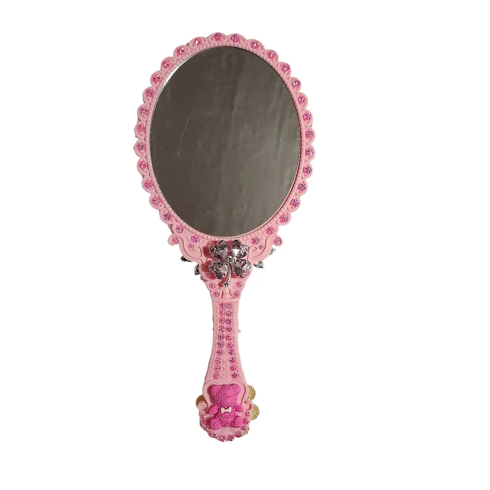 Handheld Beauty Makeup Mirror Clay Doll Bling Embellished Beauty Fashion Pink